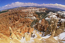 Panoramic view of unique erosional formations called hoodoos and fins after spring snowfall, Bryce Canyon National Park, Utah