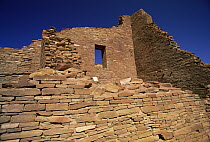 Stonework of ruins of monumental public buildings called Pueblo Bonito, ancestral Puebloan culture, AD 850-1250, Chaco Canyon, Chaco Culture National Historical Park, New Mexico