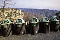 Recycling garbage cans in parking lot, South Rim, Grand Canyon National Park, Arizona
