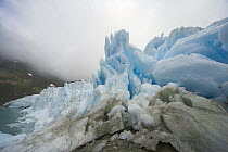Blue ice on steep slope, richly sculpted remnants of receeding glacier, fall morning, Salversen Range, Smaaland Cove, South Georgia Island, Southern Ocean, Antarctic Convergence