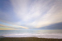 Gentle surf rolling on sandy beach at sunrise in winter, Westland, West Coast, South Island, New Zealand