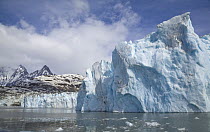 Blue iceberg and ice floe floating in sea near Neumayer Glacier, South Georgia Island