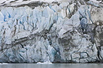 Crumbling blocks and wall of blue glacier marked by morraine debris descending toward sea, Neumayer Glacier, South Georgia Island