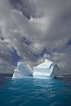 Blue iceberg sculpted by waves and melting action accelerated by global warming and climate change, South Georgia Island