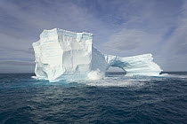 Iceberg with large arch sculpted by waves and melting action floats in sea, South Georgia Island