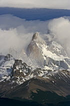 Fitzroy Massif wrapped in cumulus clouds, Andes, Los Glaciares National Park, Patagonia, Argentina