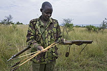Mara Conservancy ranger uncovering poisoned bow and arrows belonging to poacher, Serengeti National Park, Tanzania