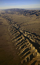 Aerial of the Carrizo Plain showing the San Andreas Fault, a geologic transform fault, California
