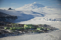 Science research base on Ross Island with Mount Erebus behind, Antarctica