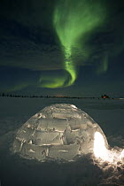 Aurora borealis over igloo, Hudson Bay, northern Manitoba, Canada