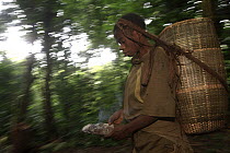Baka woman carrying baby in large basket while traveling through the rainforest, Cameroon