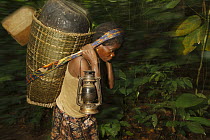 Baka woman carrying large basket while traveling through the rainforest, Cameroon