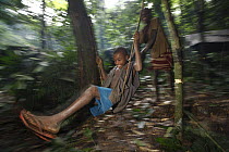 Baka child swinging on liana in the forest, Cameroon