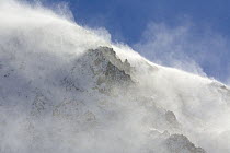 Strong wind blowing fresh snow off mountain ridge, Inyo National Forest, California