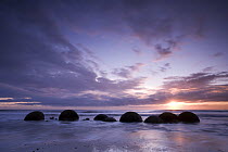 Round boulders in the surf at sunrise, Moeraki Beach, South Island, New Zealand