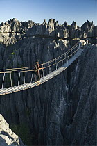 Tourist crossing a suspension bridge, Bemaraha National Park, western Madagascar