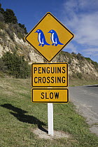 Penguin road crossing sign, Oamaru, South Island, New Zealand