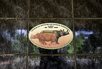 Sticker of the Indonesian Rhino Conservation Program at the Rhino Protection Unit headquarters, Way Kambas National Park, Sumatra, Indonesia