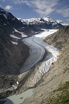 Salmon Glacier spills down from the coast range near Hyder showing medial moraine and lip, Alaska