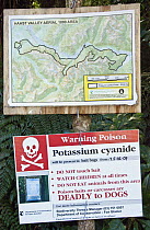 Warning sign of cyanide bait drop to kill introduced Common Brush-tailed Possum (Trichosurus vulpecula), Haast Pass, New Zealand