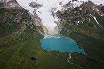Aerial of glacier showing medial and end moraines with glacial lake, Katmai, Alaska