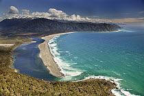 Martin's Bay with Mount Tutoko and Darran Mountains behind and sand dune spit, Fiordland National Park, New Zealand