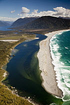 Martin's Bay with Mount Tutoko and Darran Mountains behind and sand dune spit, Fiordland National Park, New Zealand