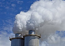 Wood processing plant near Christchurch showing gas effluents, New Zealand