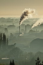 Factory chimneys belch smoke, winter smog makes it hard to see houses between trees, Christchurch, Canterbury, New Zealand