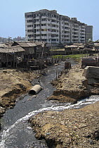 Sewage and shacks in Dhaka slum, Bangladesh