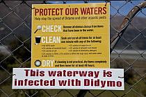 Didymo (Didymosphenia geminata) warning sign, diatom bloom seriously affecting South Island waterways and rivers, Mount Cook National Park, New Zealand