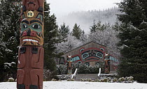 Tlingit totem pole and longhouse at Saxman Native Village, Ketchikan, Alaska