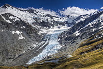 Dart Glacier above Cascade Saddle showing medial moraines, Mount Aspiring National Park, New Zealand