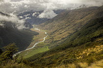 Matukituki Valley during summer rain, descent from Cascade Saddle, Mount Aspiring National Park, New Zealand