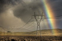 Powerlines, rainbow forms as evening sun lights up rain clouds, Canterbury, New Zealand