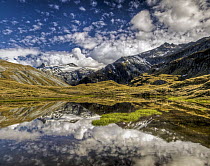 Mount Tyndall, reflection in tarn at Cascade Saddle, Mount Aspiring National Park, New Zealand