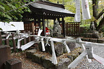 Hotaka Jinja Temple next to Myojin-bash Lake, Honshu, Japan