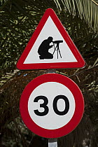 Humorous traffic signs erected by Donana Biological Station, Donana National Park, Huelva, Andalusia, Spain