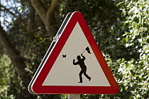 Humorous traffic signs erected by Donana Biological Station, Donana National Park, Huelva, Andalusia, Spain