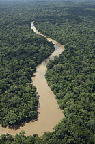Tiputini River aerial showing silted water, Yasuni National Park, Ecuador