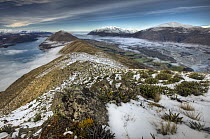 Clouds covering Lake Coleridge and Rakaia River from Mount Oakden with Mount Hutt on right, Canterbury, New Zealand