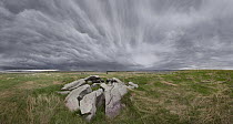 Sioux Quartzite in tallgrass prairie with oncoming storm, Blue Mounds State Park, Minnesota