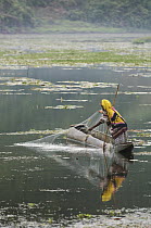 Fisherman fishing in the shallows in the morning, Paniai Lake, Enarotali, Indonesia