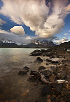 Evening light and clouds at Lago Pehoe with Cuernos del Paine above, Torres Del Paine National Park, Patagonia, Chile