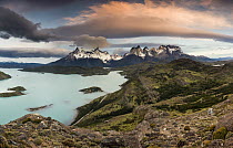 Clouds over Cuernos del Paine at dawn, Lago Pehoe, Torres Del Paine National Park, Patagonia, Chile