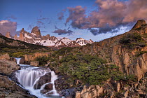 Waterfall at dawn below Mount Fitzroy, Los Glaciares National Park, Patagonia, Argentina
