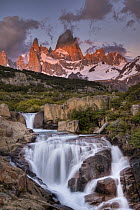 Waterfall at dawn below Mount Fitzroy, Los Glaciares National Park, Patagonia, Argentina