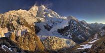Snow blowing from summit ridge of Mount Cook at dawn, Mount Cook National Park, New Zealand
