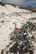 Trash washed up on beach from ocean, Washington Slagbaai National Park, Bonaire, Netherlands Antilles, Caribbean