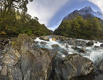 Hollyford River in mountain gorge, Fjordland National Park, South Island, New Zealand